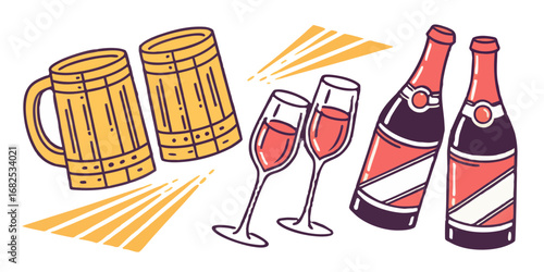 Illustration of beer mugs, champagne flutes and bottles with celebratory light rays around them created with generated ai