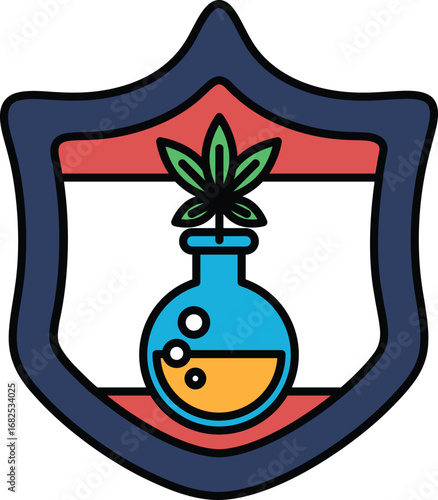 A black and white drawing of a shield with a glass vase on it