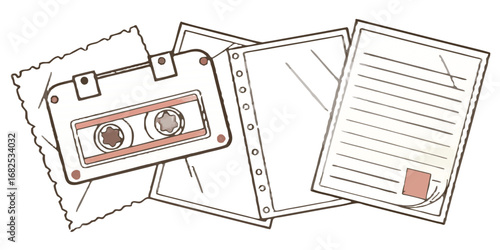 Illustration of a cassette tape, loose leaf paper and a binder sheet in a disorganized pile up view created with generated ai