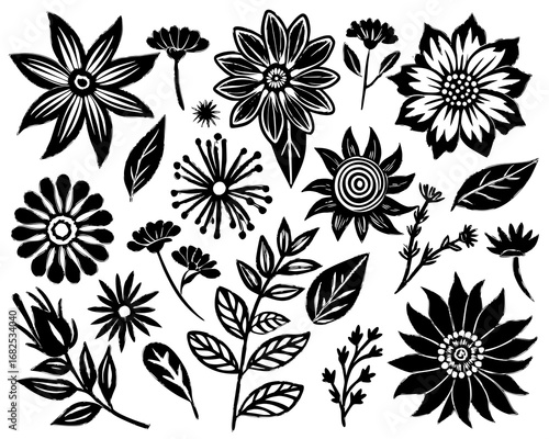 Black Silhouette Floral Elements and Leaves Collection