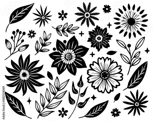 Black and white floral elements and leaves collection