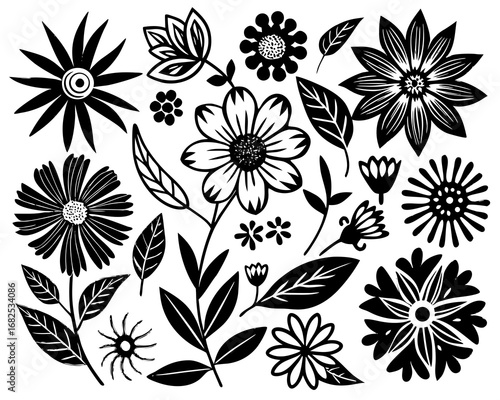 Black floral and leaf motifs on white background flower