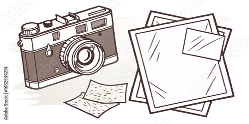 Illustration of a vintage camera with lens and a stack of photographs on a white background art style created with generated ai