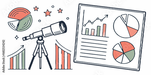 Illustration showing a telescope with charts and graphs depicting business analysis and future projections created with generated ai