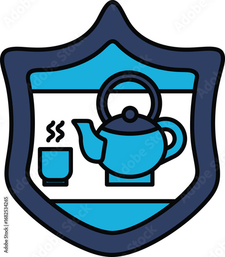 A black and white drawing of a tea kettle and a cup of tea