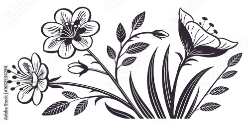 Elegant floral arrangement featuring blooming flowers leaves and buds in a monochrome botanical illustration created with generated ai