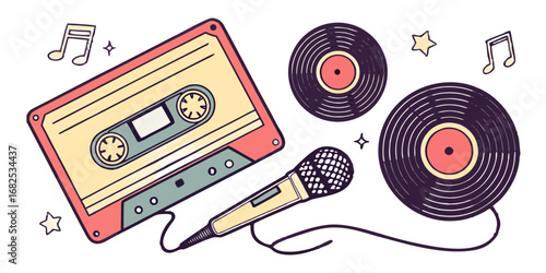 Illustration of a cassette tape, microphone, vinyl records, music notes and stars on a white background created with generated ai