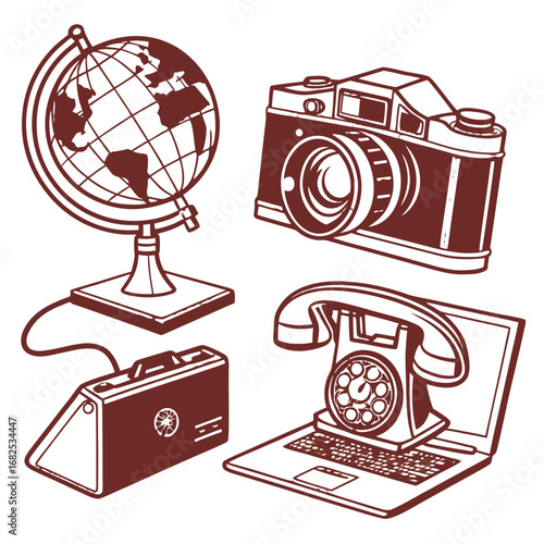Illustration of a globe, camera, tape recorder, rotary phone on a laptop in brown and white color created with generated ai