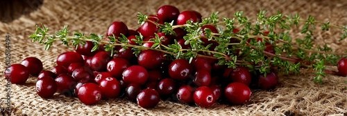 Fresh cranberries with thyme sprig on burlap