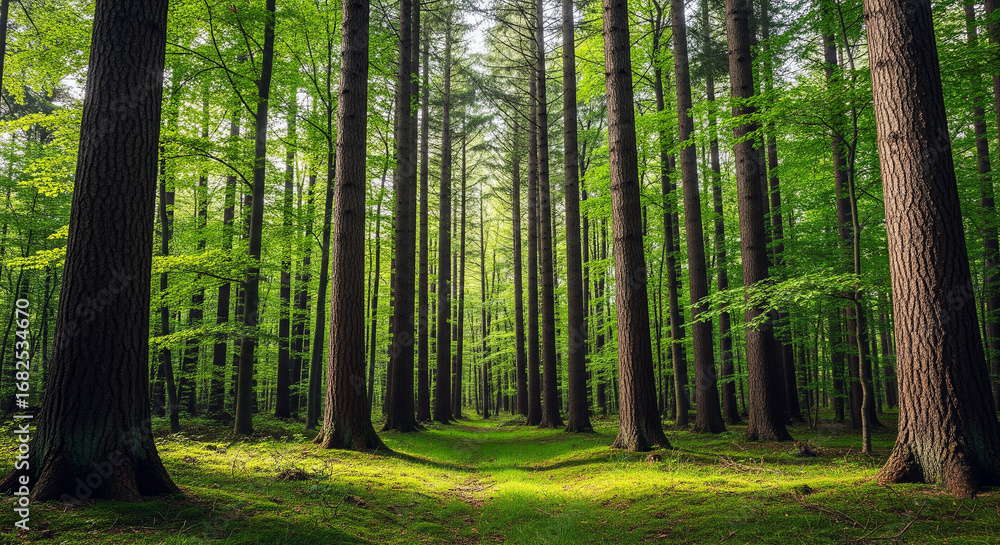 Fototapeta premium A path through a beautiful and lush green forest with tall trees and sunlight