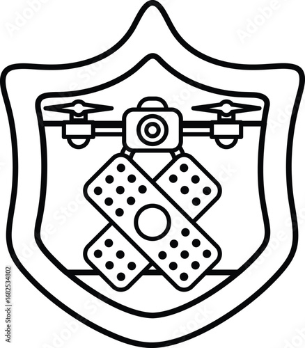 A black and white drawing of a shield with a cross and a camera on it
