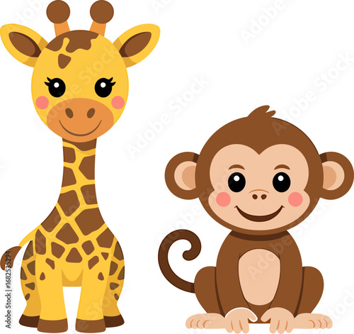 Cute cartoon giraffe and monkey friends smiling on a white background