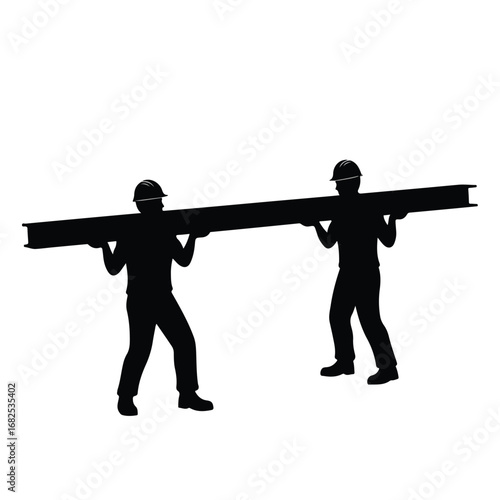 Silhouette of two construction workers carrying a heavy steel I beam