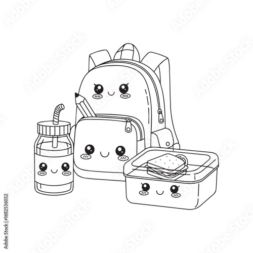 Cute kawaii backpack lunchbox and juice bottle with adorable happy faces line art Vector illustration