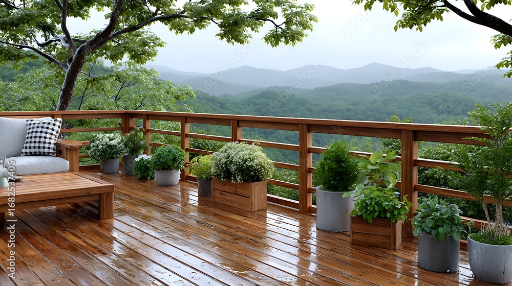 Fototapeta premium Serene Wooden Balcony Overlooking Misty Mountains in Gentle Rainfall