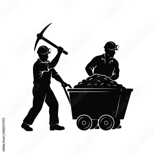 Two coal miners working in a mine with pickaxe and cart silhouette