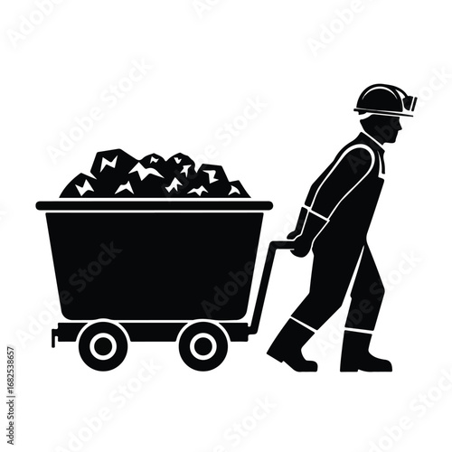 Black silhouette of a coal miner pushing a heavy mine cart.