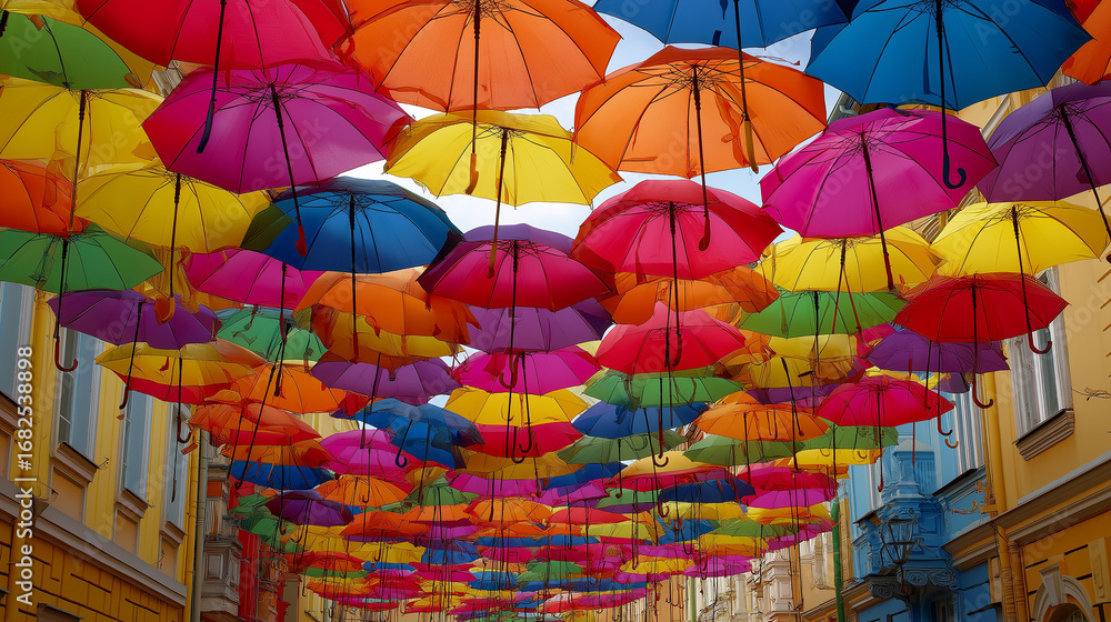 Naklejka premium Multi-colored umbrellas background. Colorful umbrellas floating above the street 