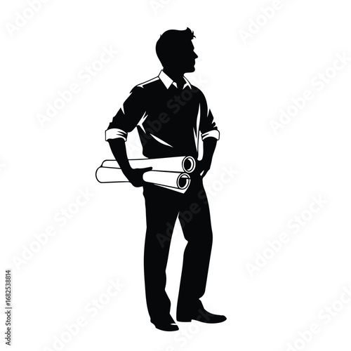 Black silhouette of a professional architect holding blueprints