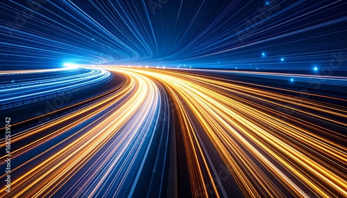 Luminous Velocity on a Futuristic Highway with Blue and Gold Streams