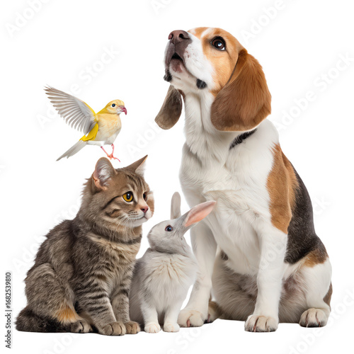 Group of pets domestic animals together on transparent white background featuring dogs, cats, and various small pets isolated on a clear white backdrop perfect for pet lovers and animal enthusiasts