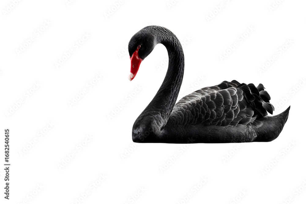 Fototapeta premium Elegant black swan with vibrant red beak gracefully glides in serene stillness