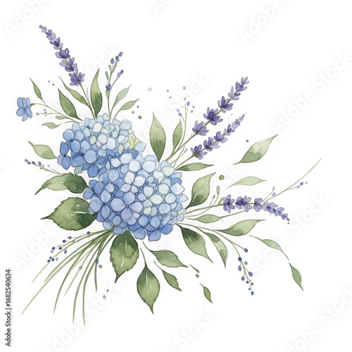 Delicate blue hydrangeas and lavender floral arrangement with green leaves transparent background