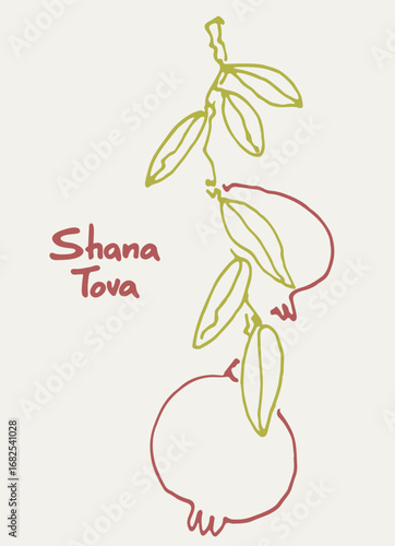Rosh Hashana greeting vector background. Wishing Happy New Year in Hebrew. Hand-lettered text decorated with hand drawn pomegranate branch. Isolated on the white