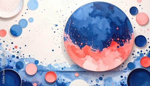 Artistic flat lay with circular painted designs in red, white and blue, abstractly scattered on a bright surface, creating a whimsical, modern aesthetic
