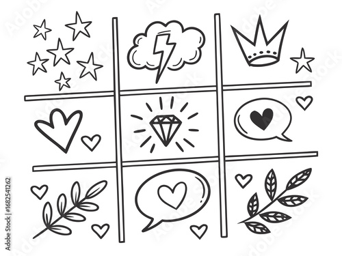 Tic Tac Toe Grid with Doodle Icons drawing hand drawn