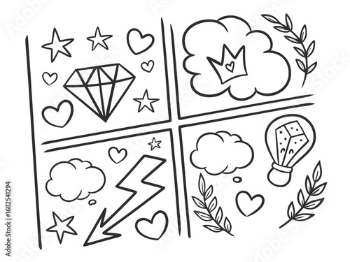 Tic Tac Toe Grid With Doodle Icons And Dice game hearts