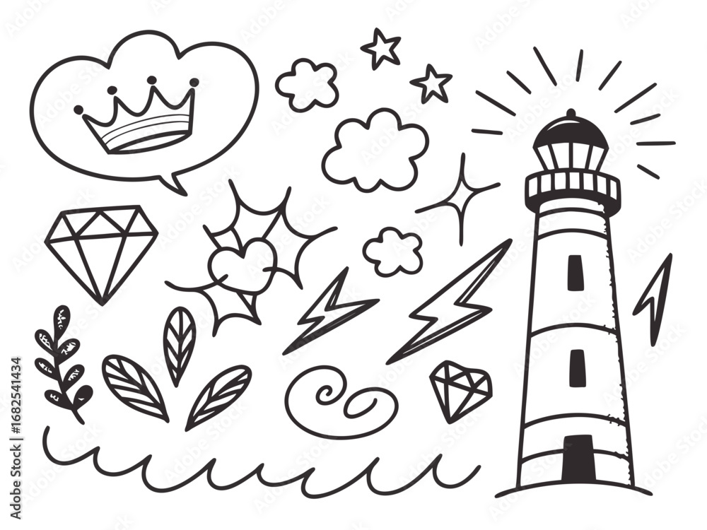 Fototapeta premium Lighthouse and doodle elements on white background