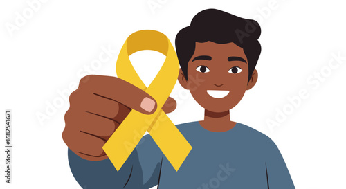 A person holds a yellow ribbon in support of a cause or awareness campaign, symbolizing solidarity and hope