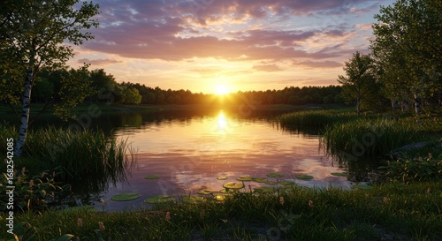 Sunset over a serene lake reflecting the sky and trees