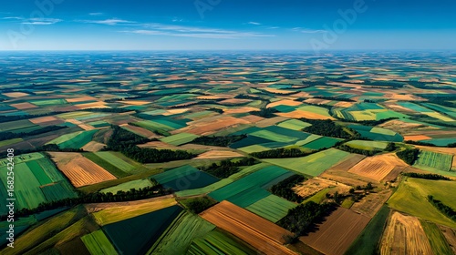 Sustainable rural farmland aerial view with wide open blue sky, eco agriculture field background, organic countryside environment, green land cultivation, farming harvest and clean marketing template.