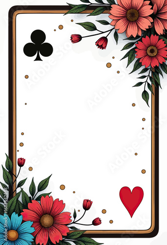 An elegant and romantic frame with a classic design, featuring beautiful red flowers, gold accents, and playing card suits for a unique and sophisticated border.
