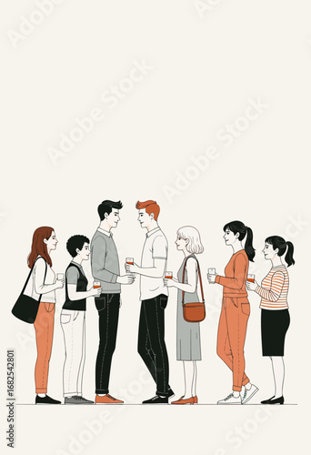 A simple and modern cartoon illustration of a diverse group of people patiently waiting in a long line or queue, symbolizing community and order.
