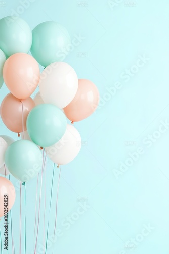 Pastel balloons floating against a light blue background with ribbons