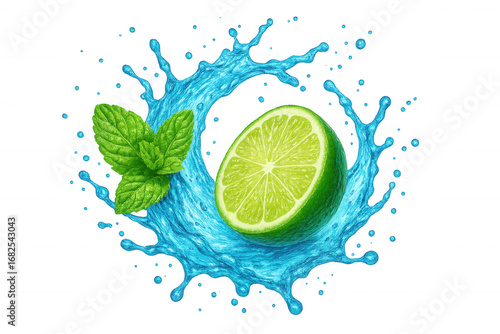 Lime wedge, mint leaves floating amid turquoise water splash, representing vibrant summer beverage refreshment on clear background
