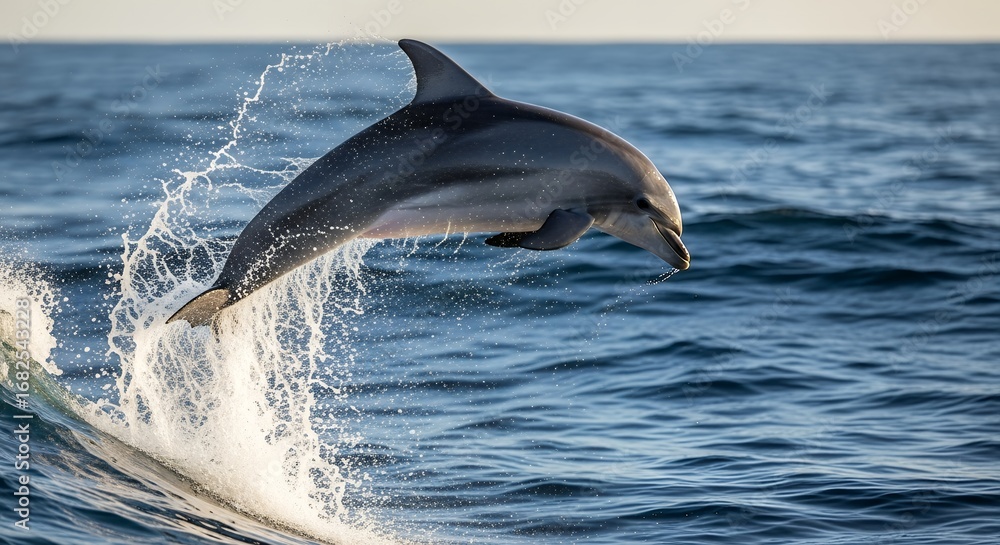 Fototapeta premium Dolphin Leaping Gracefully Above Blue Ocean Water in Bright Natural Light