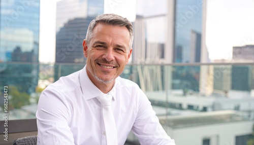 A smiling, gray-haired man wearing a white shirt and tie, photographed outside with a cityscape background, gives off an approachable and professional vibe