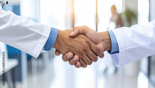 Close-up of a handshake between two individuals wearing white coats in a brightly lit, neutral-toned indoor space, blurred in the background