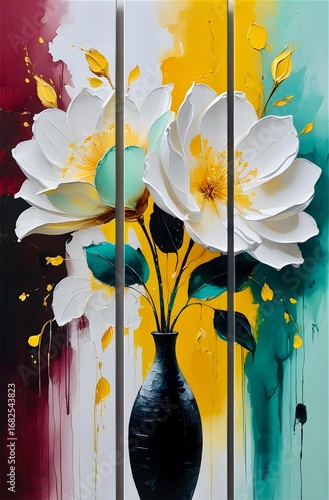 A triptych featuring large, textured flowers with white petals and a yellow center, against a backdrop of abstract, splattered colors in red, yellow, and teal.