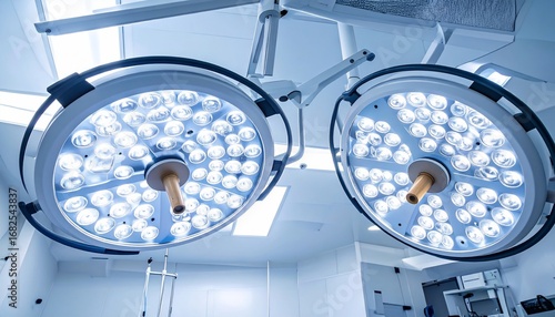 Surgical lights illuminating a sterile operating room setting ready for surgery