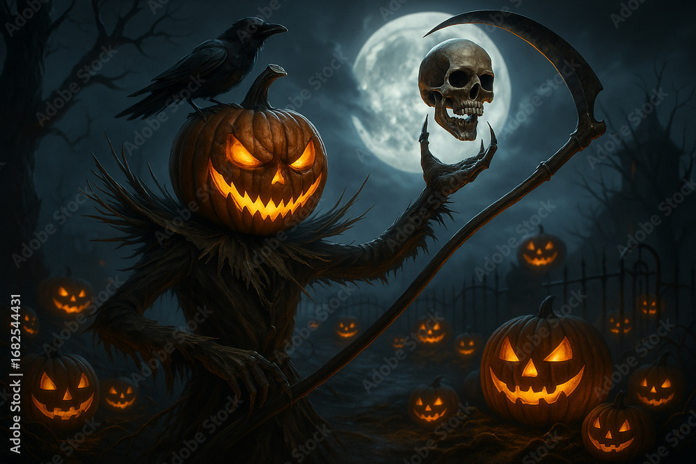Fototapeta premium AI generated dark Halloween night with pumpkin head scarecrow glowing jack o lanterns skull crow moon twisted trees and gothic atmosphere creepy fantasy scene