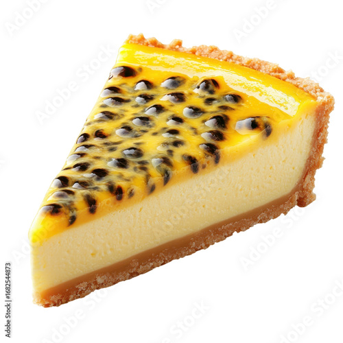 Delicious passion fruit cheesecake slice with a graham cracker crust perfect for dessert lovers and food photography enthusiasts on transparent background