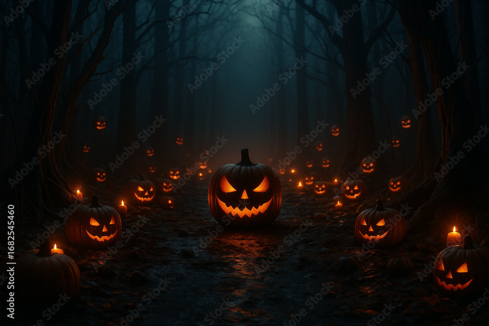 Fototapeta premium AI generated gothic Halloween forest with glowing jack o lanterns eerie mist twisted trees and dark path creating spooky mysterious and dramatic atmosphere perfect for fantasy themes