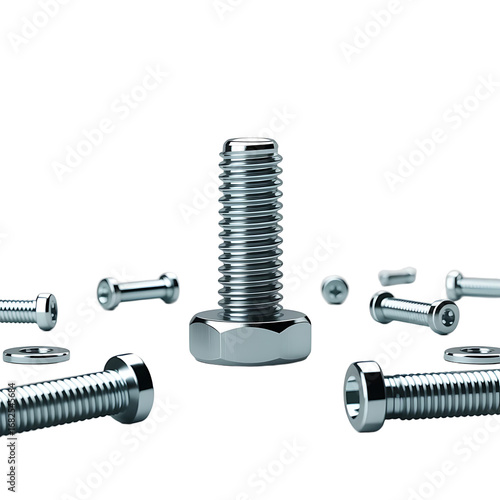 Collection of various metal bolts and screws with threaded shafts isolated on transparent background