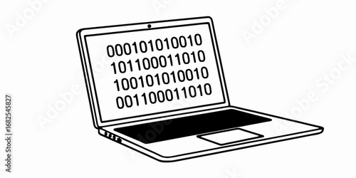 Conceptual illustration of a laptop displaying binary code, representing data, technology, and digital information processing in a clean, minimalist style