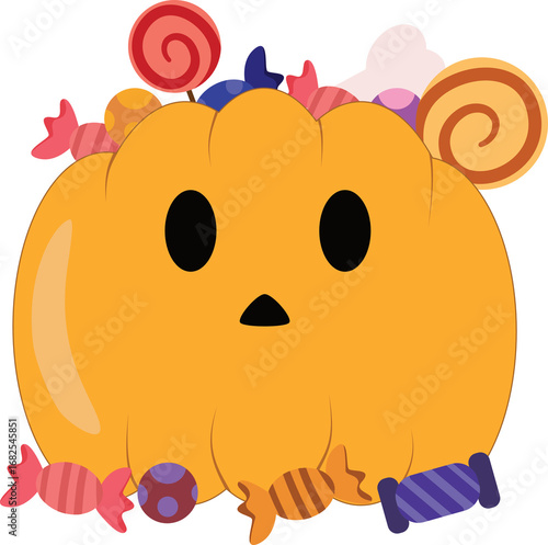 An illustration of a cute pumpkin decorated with assorted candies, perfect for the Halloween season